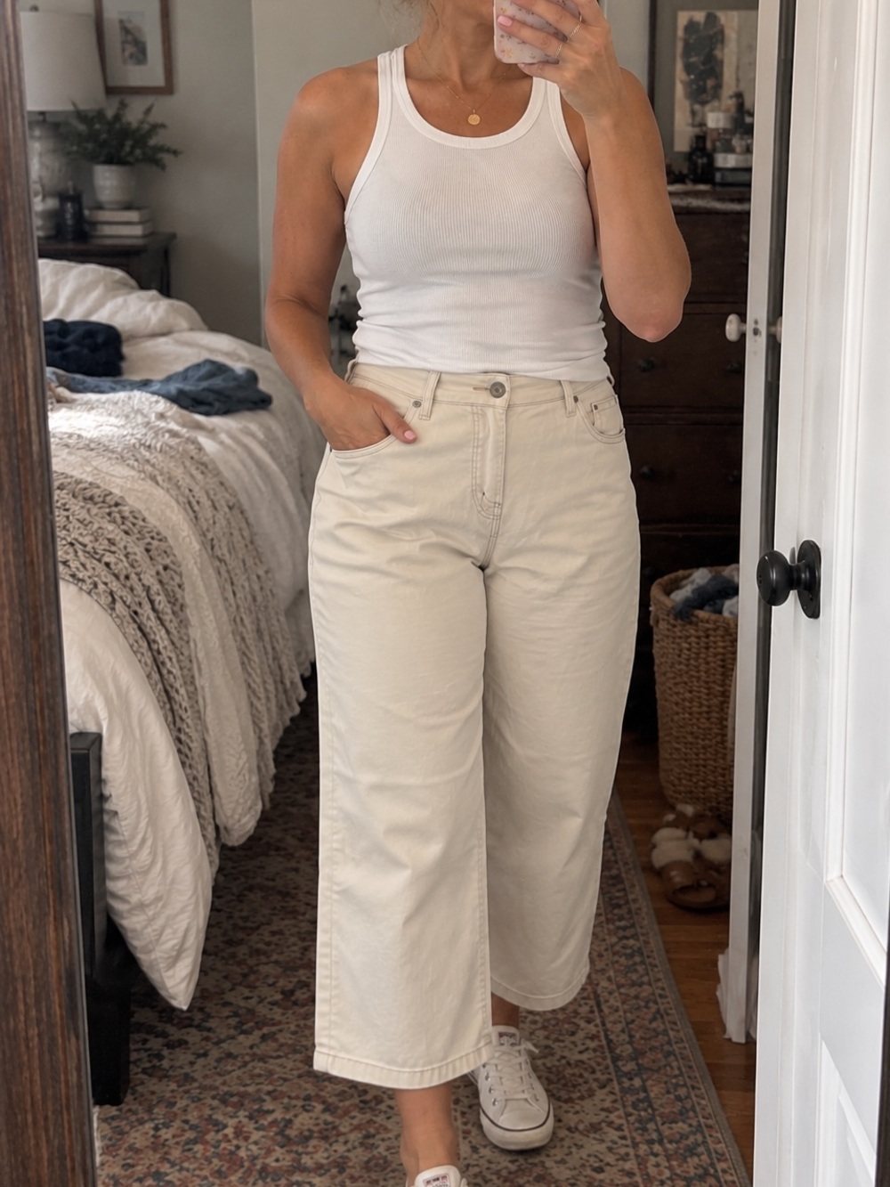 LOGO by Lori Goldstein Jeans Womens 16P Cream Wide Leg Crop Petite Stretch